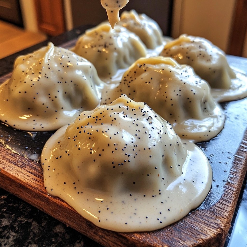 Steamed Dumplings with Vanilla Sauce and Poppy Seeds