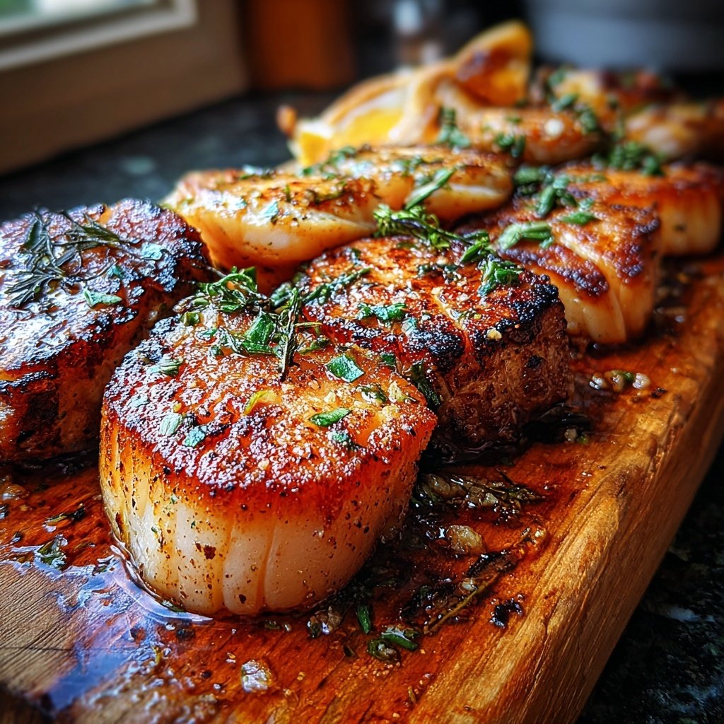 Grilled Pork and Scallops Dish